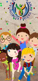 Colorful kids with confetti and playful background.