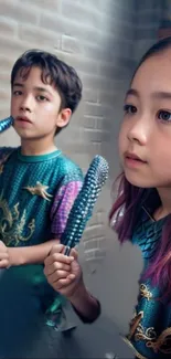 Two children in colorful fantasy costumes with a teal background.