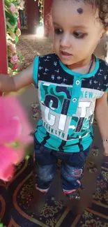 Toddler in colorful outfit with vibrant background.