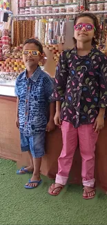 Two stylish kids posing in a vibrant market setting.