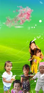 Children playing in a vibrant digital landscape with green and floral accents.