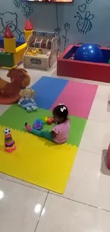 Bright playroom with colorful mats, toys, and a child playing.