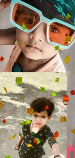 Children's portrait collage with colorful confetti and glasses.