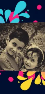 Sepia photo of smiling kids on colorful abstract background.