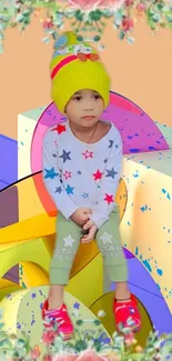 Child in star-patterned outfit with geometric background and floral frame.