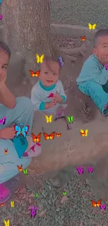 Cheerful kids with colorful butterflies around them on a bright day.