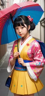 Vibrant kimono character with umbrella in a serene street setting.