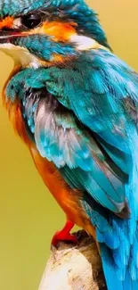 Vibrant kingfisher bird perched with striking blue and orange feathers.