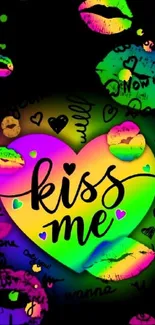 Colorful 'Kiss Me' neon heart wallpaper with artistic lip prints.