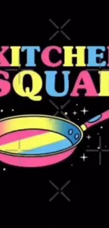 Colorful 'Kitchen Squad' neon wallpaper with vibrant frying pan design.