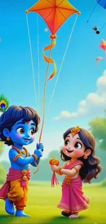 Two cartoon characters flying kites in a sunny landscape.