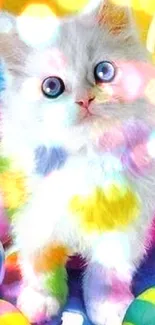 White kitten with blue eyes and colorful Easter eggs.