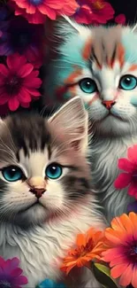 Two adorable kittens surrounded by vibrant colorful flowers in artistic wallpaper.