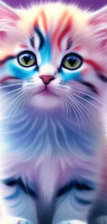 Vibrant digital artwork of a colorful kitten with a purple background.