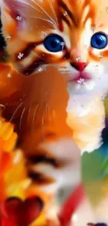 Cute kitten surrounded by vibrant abstract colors.