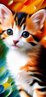 Colorful artistic image of a kitten in vibrant hues of orange, green, and blue.