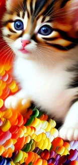 A colorful and vibrant kitten art wallpaper with a rich, painted background.