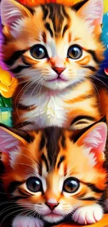 Colorful artwork of two kittens amidst vibrant flowers.