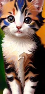 Vibrant digital painting of a cute kitten with colorful background.