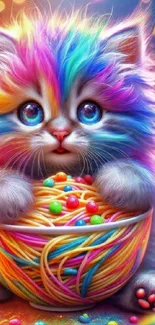 Rainbow-colored kitten with yarn ball and vibrant background.