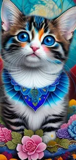 Vibrant kitten with blue eyes in a fantasy floral setting.