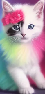 Cute kitten with rainbow fur on colorful background.