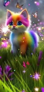 Rainbow kitten in a colorful meadow with butterflies.