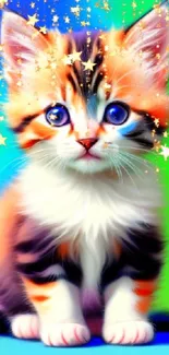 Whimsical kitten with sparkles on a vibrant blue and green background.