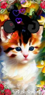 Cute kitten with colorful flowers and hearts in vibrant fantasy wallpaper.