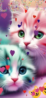 Colorful kittens with love text on pink background.