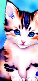 Cute colorful kitten with aqua and pink hues in artistic mobile wallpaper.