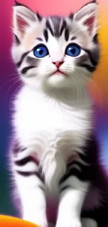 Adorable kitten with bright blue eyes on a colorful background.