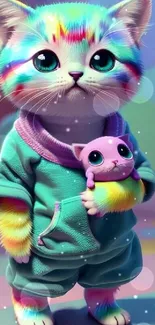 Vibrant rainbow kitten with cute outfit, perfect for a colorful mobile wallpaper.