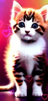 Adorable kitten with vibrant rainbow background, perfect for phone wallpaper.