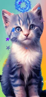 Cute kitten with colorful stars on a rainbow background wallpaper.