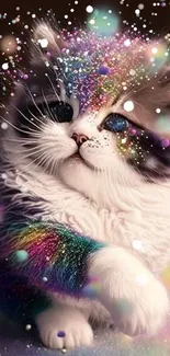 Fluffy kitten with colorful sparkles on a blue backdrop.