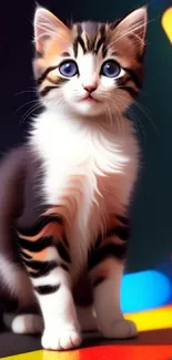 A cute kitten sits with a colorful neon rainbow background.