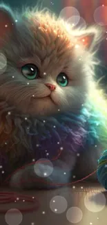 Fluffy kitten with rainbow fur plays with yarn on a wooden floor.