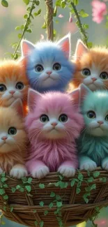 Vibrant kittens with colorful fur sitting in a decorative hanging basket.