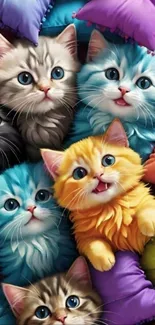 Vibrant wallpaper of kittens with colorful pillows.