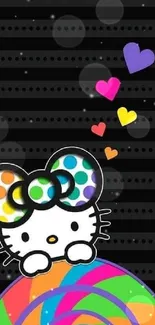 Cute colorful cartoon character with hearts and rainbow on black background.