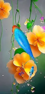 Colorful koi fish swimming among bright flowers and vines.