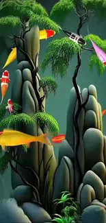 Illustration of koi fish swimming around stylized rocks and greenery.