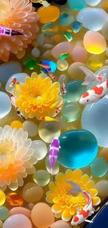 Vibrant koi fish swimming among colorful glass pebbles.