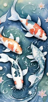 Colorful koi fish swimming in artistic, blue-green watercolor design.