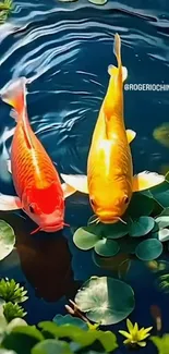 Two colorful koi fish swimming in clear pond water with lily pads.