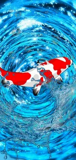 Colorful koi fish swimming in blue water swirl wallpaper.