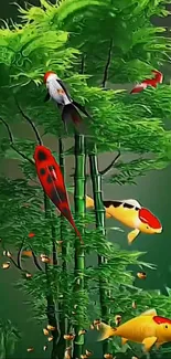 Koi fish swim around bamboo in a vibrant wallpaper.