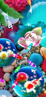 Illustration of koi fish swimming among flowers and stones with vibrant colors.