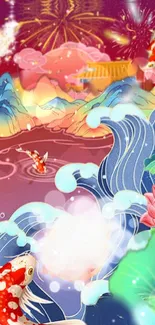 Colorful koi fish swimming in a fantasy art pond with mountains.